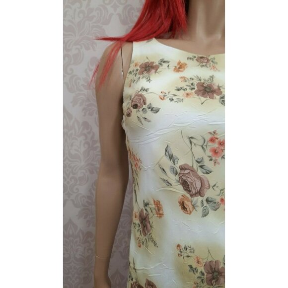 Vintage 90s Floral Dress Size S Sleeveless Crinkle Fabric Beige Brown Above Knee - Picture 11 of 11